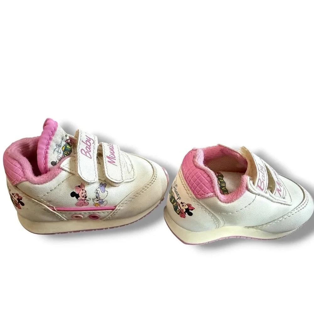 Disney Vintage Minnie Mouse Babies Sneakers Kids Size 1 White Pink Hook Loop